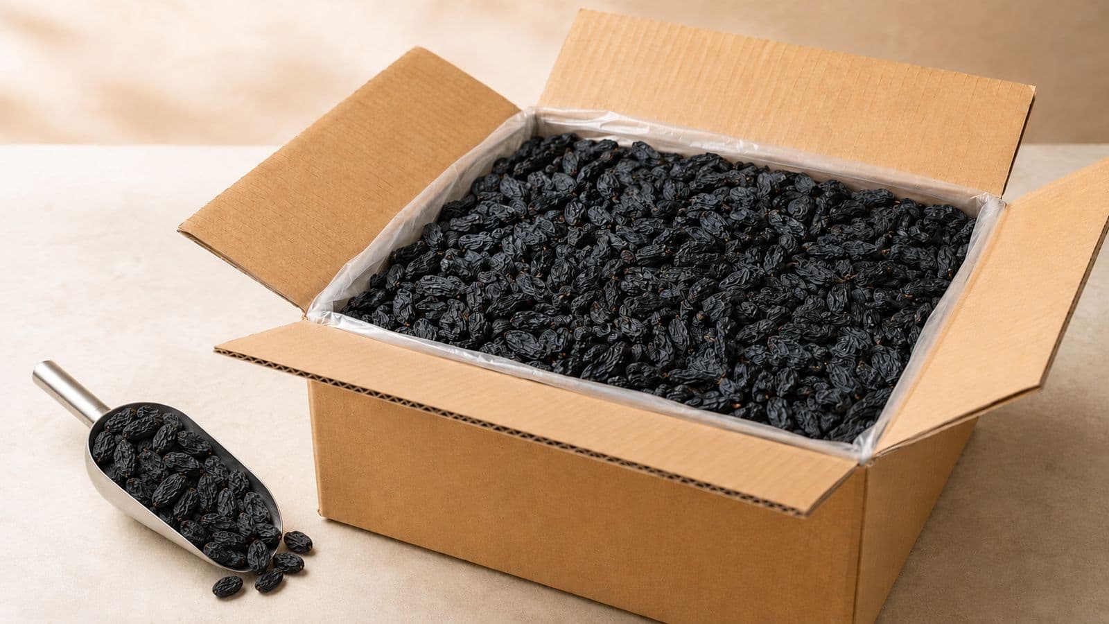 Bulk black raisins in a lined kraft carton ready for dispatch