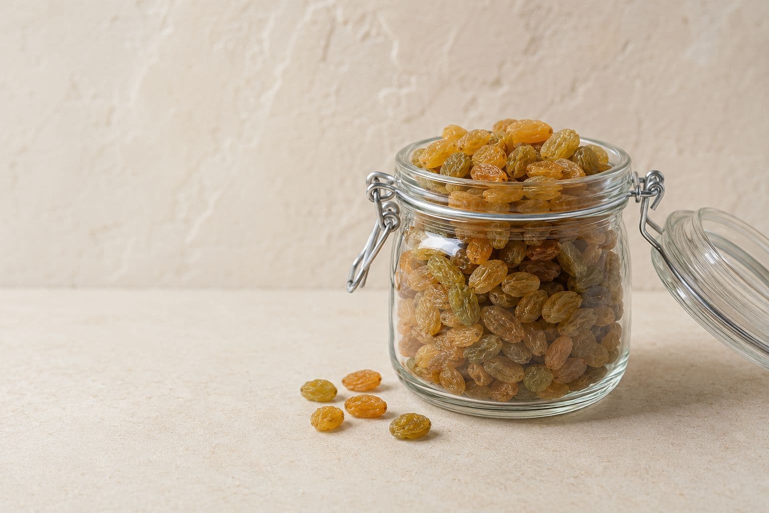 An airtight glass jar of raisins kept away from sunlight
