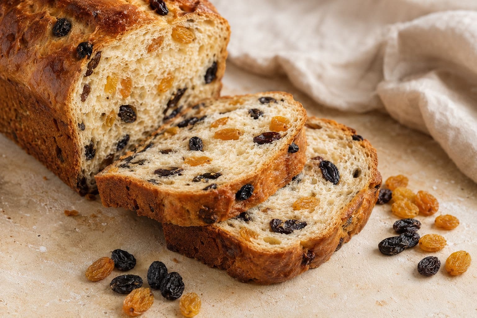 A raisin loaf sliced open showing golden and black raisins in the crumb