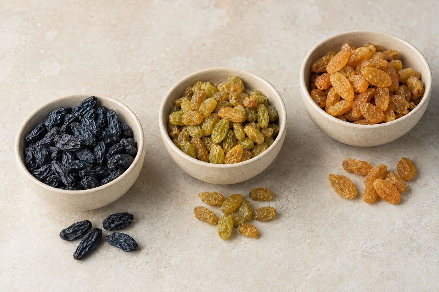 Black raisins and green raisins side by side in ivory bowls