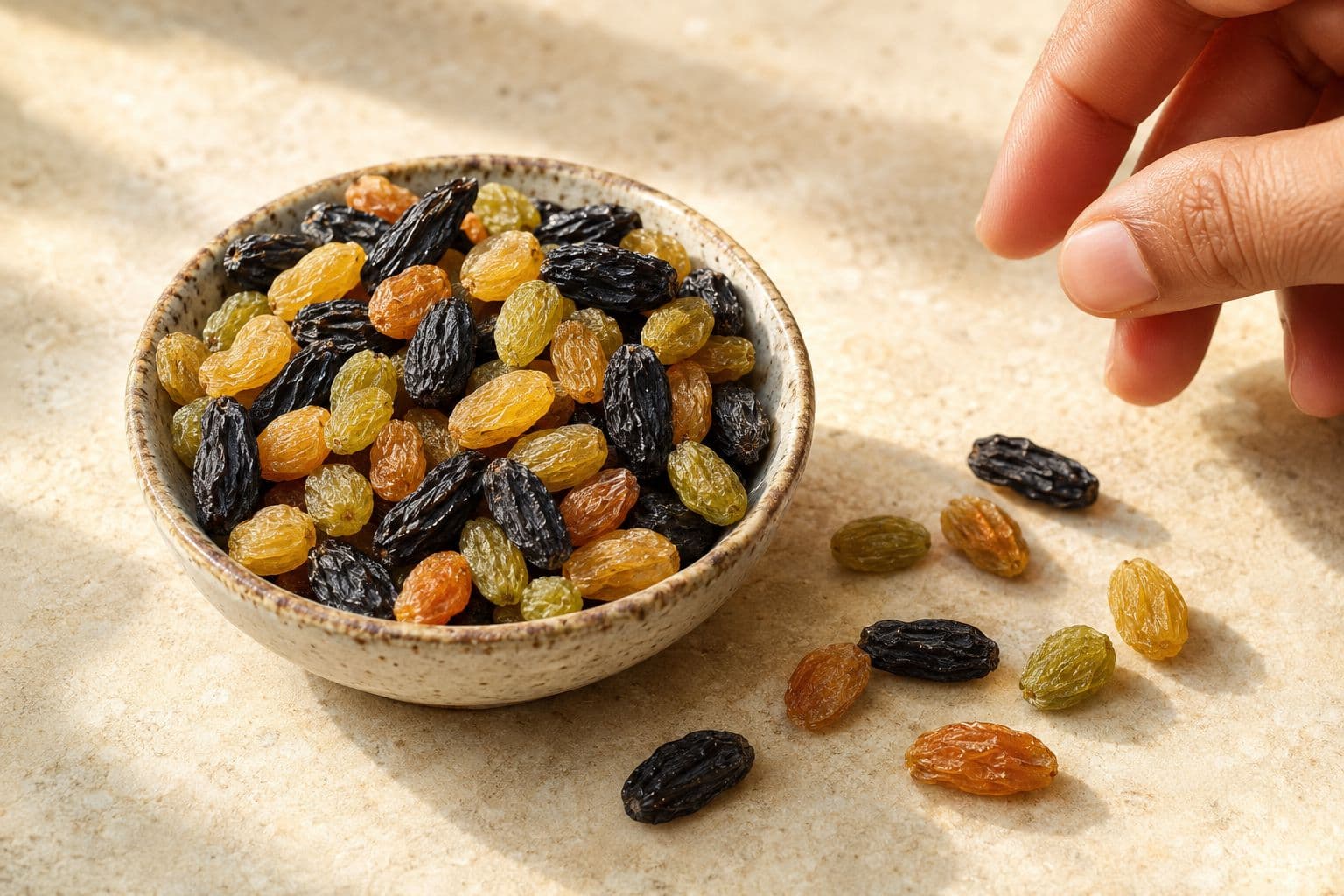 Three raisin varieties in small bowls ready for snacking