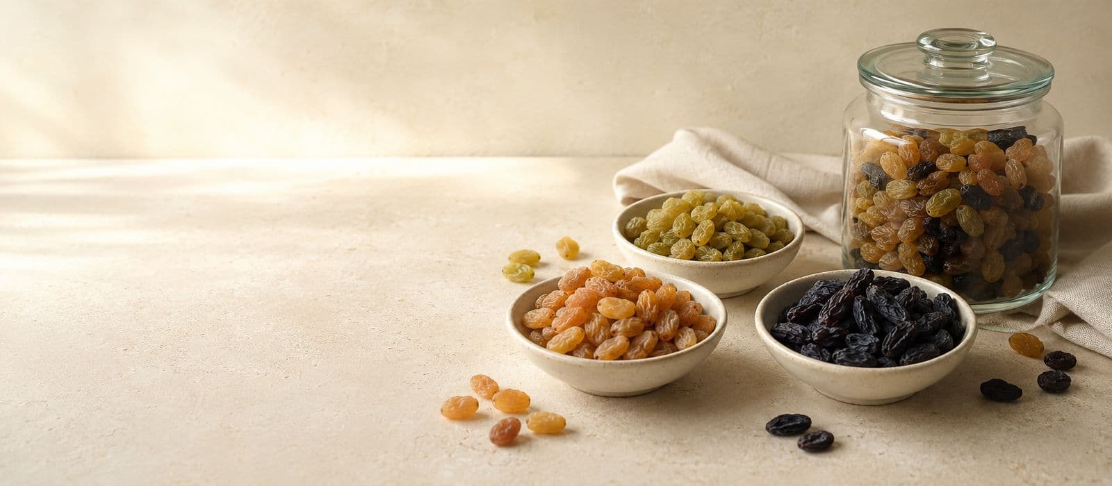Green and golden raisins in shallow bowls on a linen cloth