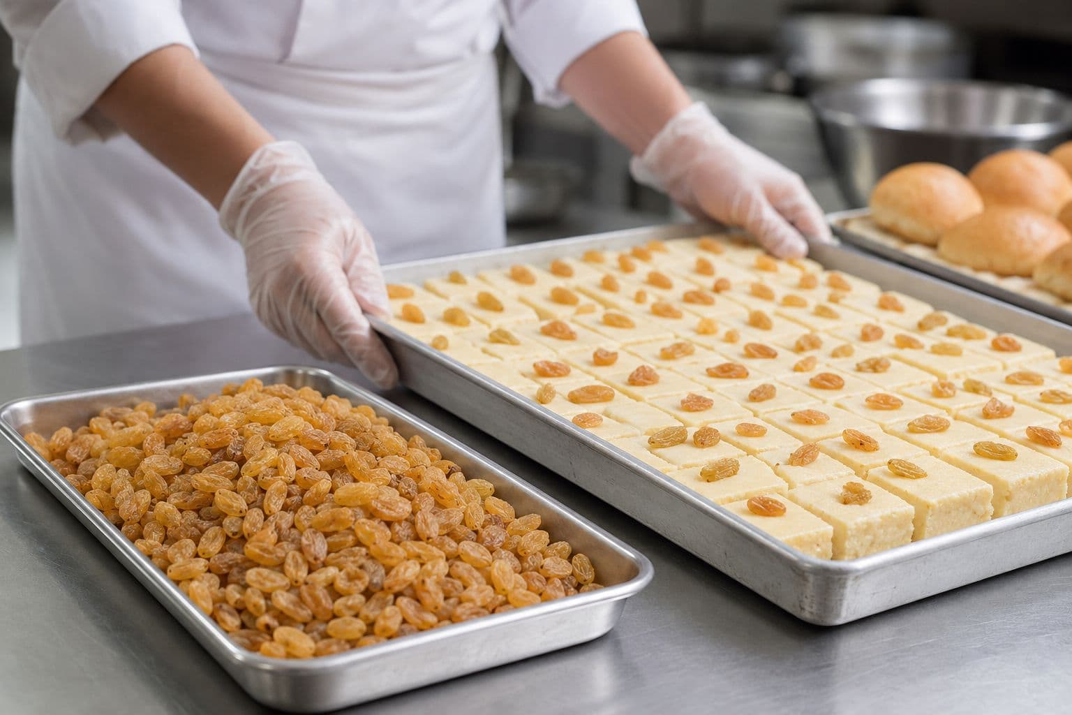 Golden raisins in a sweets kitchen, ready for mithai work.